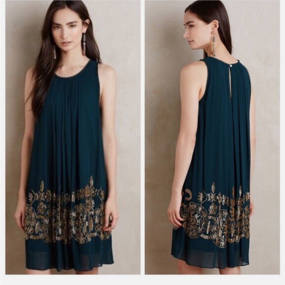 Anthropologie not so serious beaded green and gold swing dress size 12
